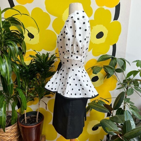 Killer Vintage 1980s White Pleated Tiered Peplum Polka Dot Bow Puff Sleeve Dress - Picture 3 of 11